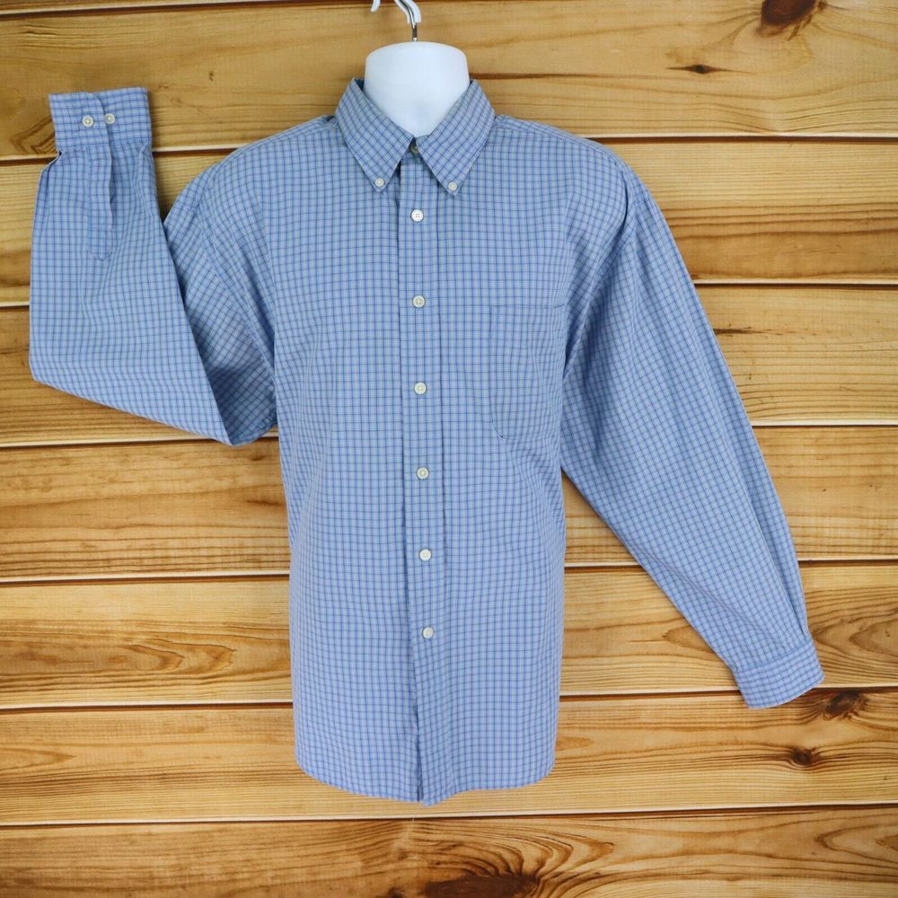 DOCKERS Dress Shirt Button Down Collar Men XL Blue Checks Long Sleeve No Wrinkle